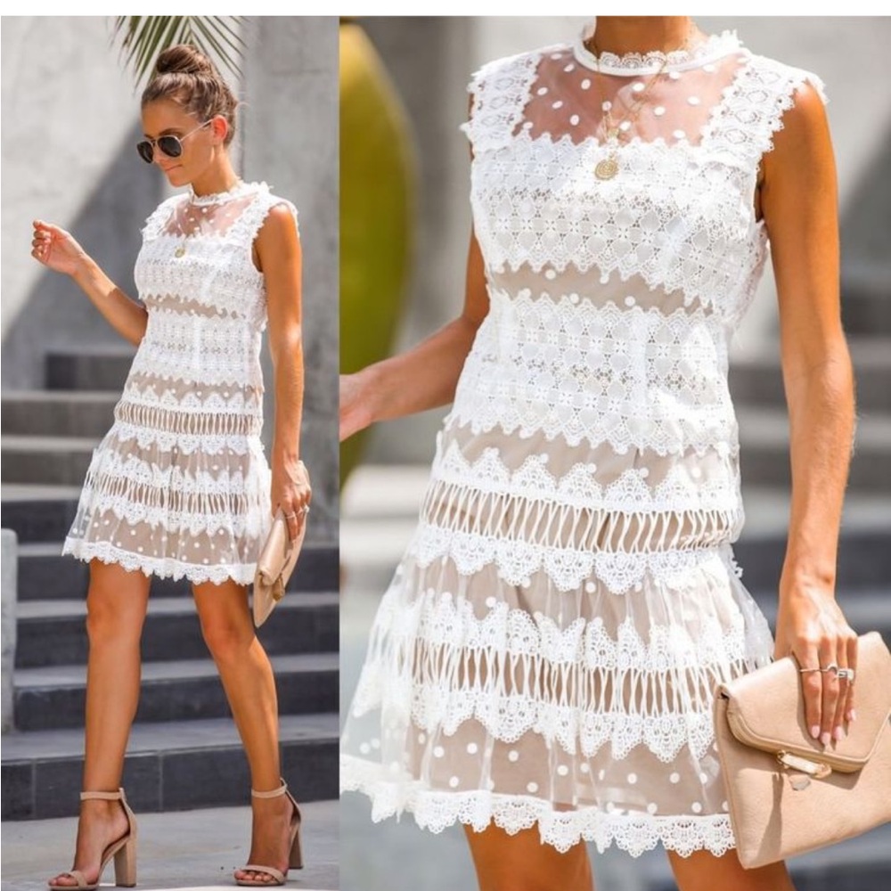 INA White Lace Sheer Overlay Dress Top